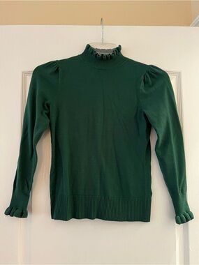 CeCe Dark Green Ruffle Mock Neck Sweater